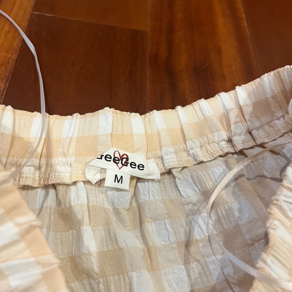 Gingham Skirt Top Set Light Beige Crop Halter Crossback Maxi Tier Cottagecore M - Picture 9 of 11